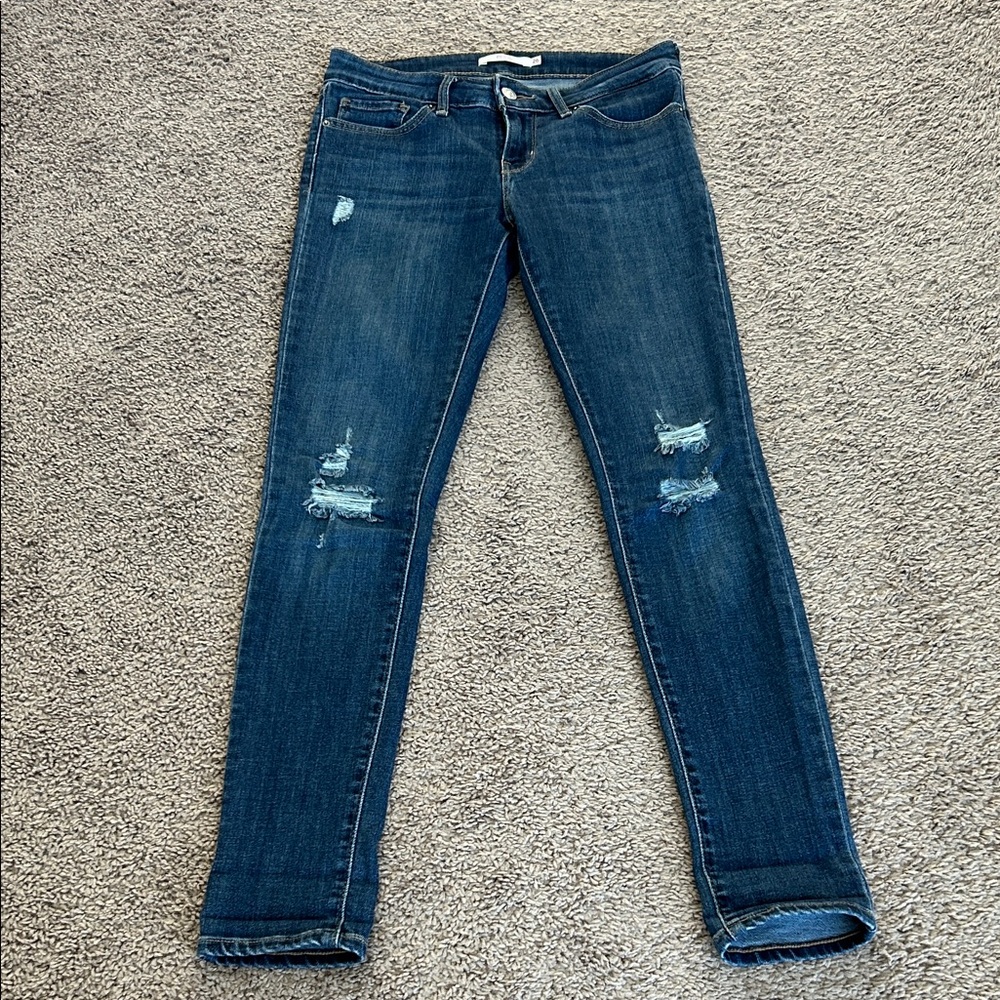 Levi's 711 Dark Blue Distressed Mid-rise Skinny Jeans